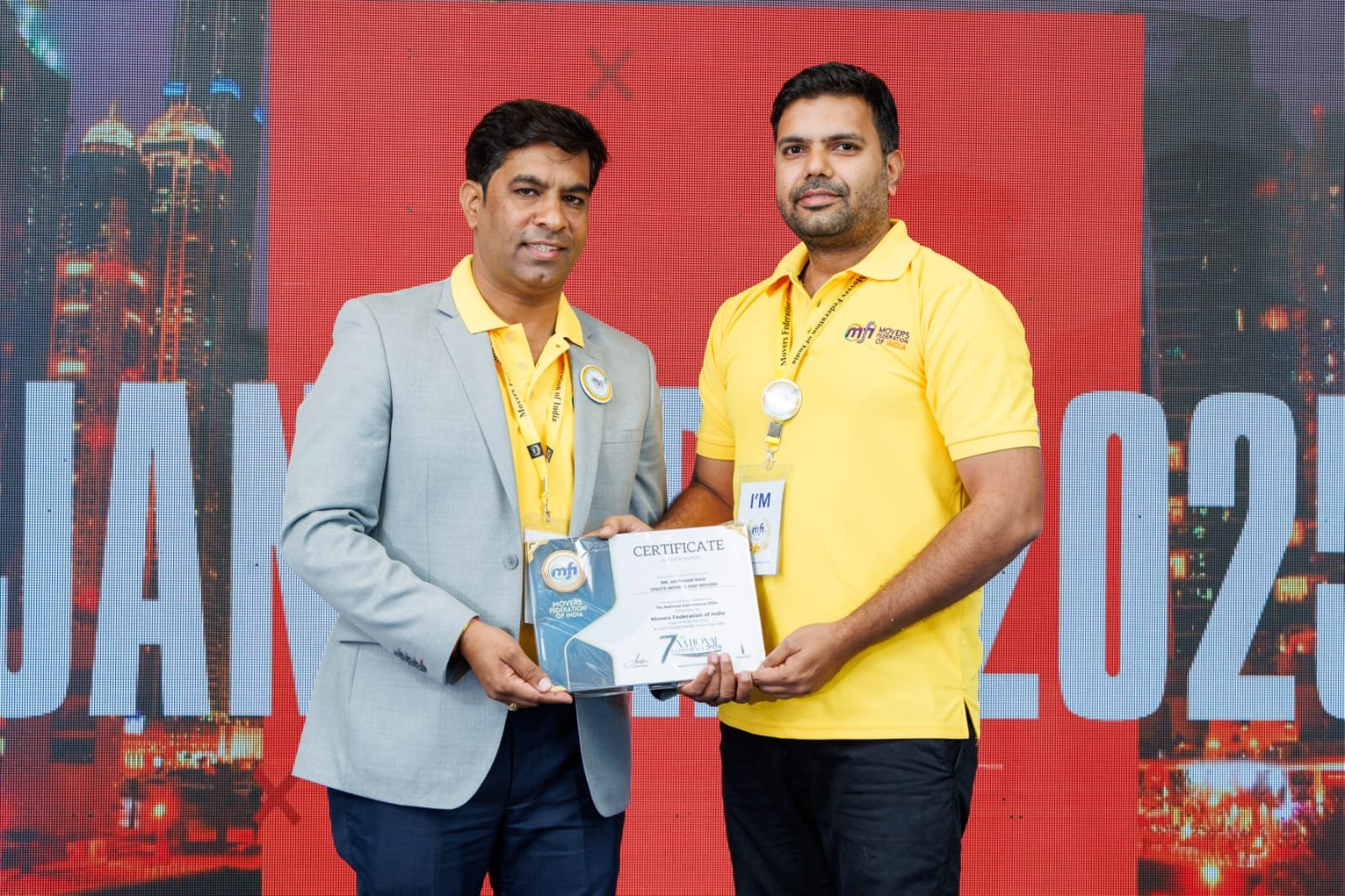 Onsite Movers & Packers receiving the Movers Federation of India certificate, 7th National Convention 2025